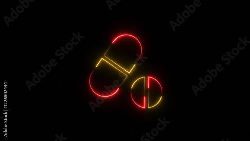 Neon tablet and pill icon on black background.