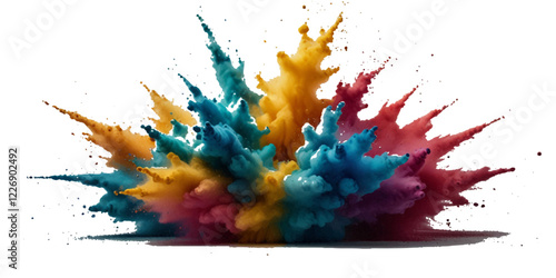 Multicolored rainbow holi explosion of cloud powder holi paint decoration isolated on transparent background. Vector abstract colorful rainbow paint festival background.