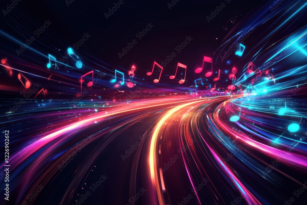 Abstract music road, glowing lights, vibrant notes, night drive, digital art Abstract music road, glowing lights, vibrant notes, night drive, digital art