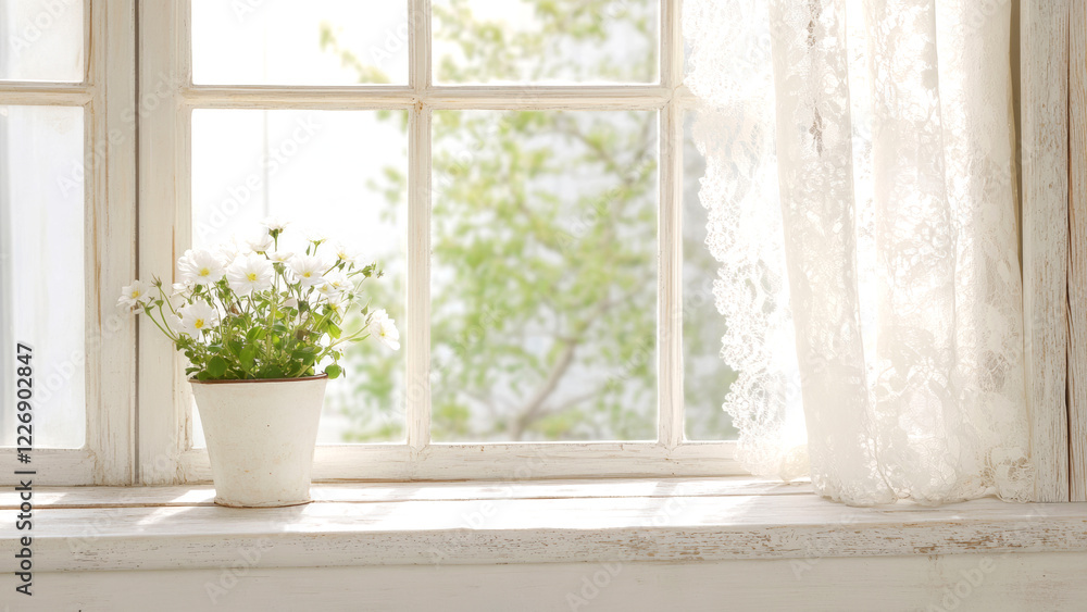 Fototapeta premium White flowers in a pot brighten a sunny windowsill at summer day