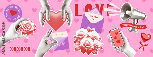 A set of paper cutout halftone Valentine's Day trending elements. Hands, heart, bouquet of roses, megaphone, mobile phone. Love romance valentine torn out collage set