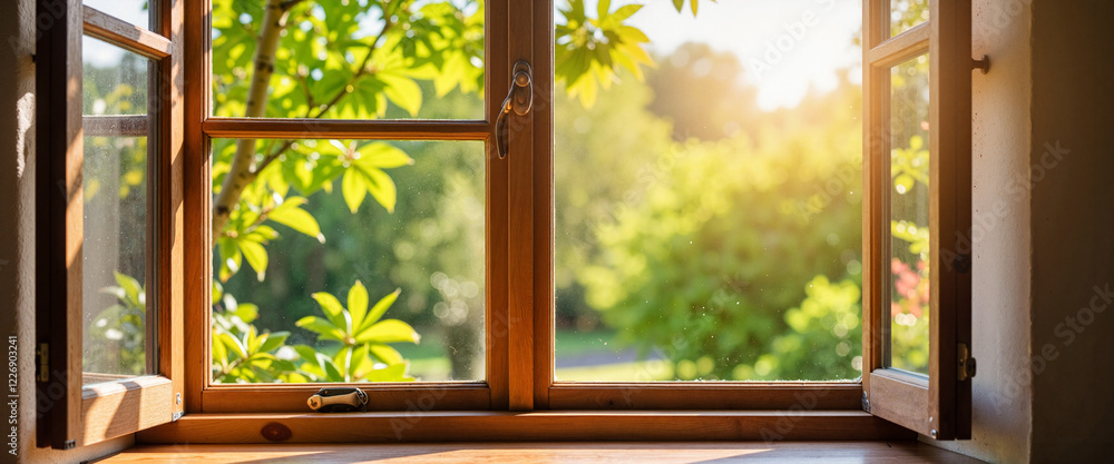 Fototapeta premium Sunlight streaming through antique window, serene garden view