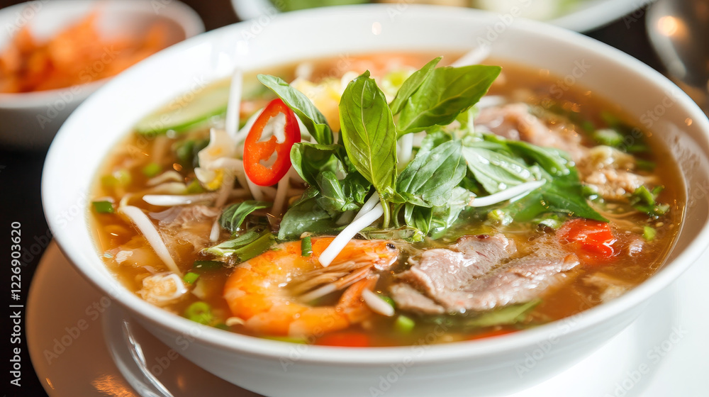 Vietnamese cuisine seafood salad and soup icon served with crispy lamb, chicken soup with shiitake mushrooms, beef noodles, mango salad, spinach salad with shrimps, eggplant stew Vietnamese cuisine seafood salad and soup icon served with crispy lamb, chicken soup with shiitake mushrooms, beef noodles, mango salad, spinach salad with shrimps, eggplant stew