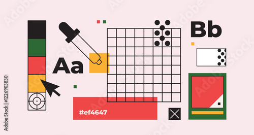 Graphic design elements, color palettes, typography, a grid, and UI tools. A modern flat design illustration. Ideal for creative design, branding, and digital art concepts.