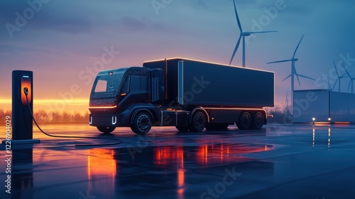 A luxurious electric truck is charging at an electric vehicle charger with wind turbines in the background