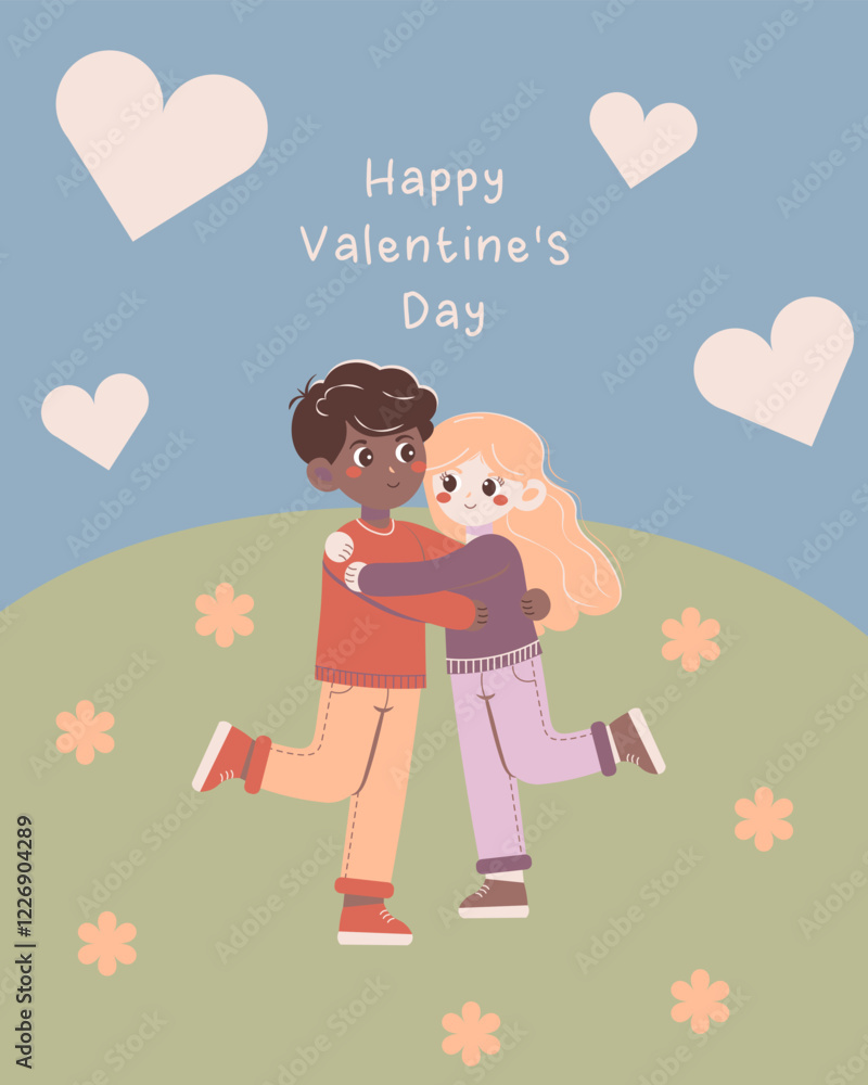 Flat-style illustration of a diverse couple hugging on a grassy hill with flowers and hearts, celebrating Valentine's Day and love. Perfect for greeting cards, romantic projects, and inclusivity theme Flat-style illustration of a diverse couple hugging on a grassy hill with flowers and hearts, celebrating Valentine's Day and love. Perfect for greeting cards, romantic projects, and inclusivity theme