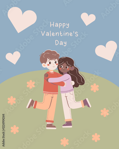 Flat-style illustration of an interracial couple hugging on a grassy hill with flowers and hearts, celebrating love and Valentine's Day. Perfect for greeting cards, romantic projects.