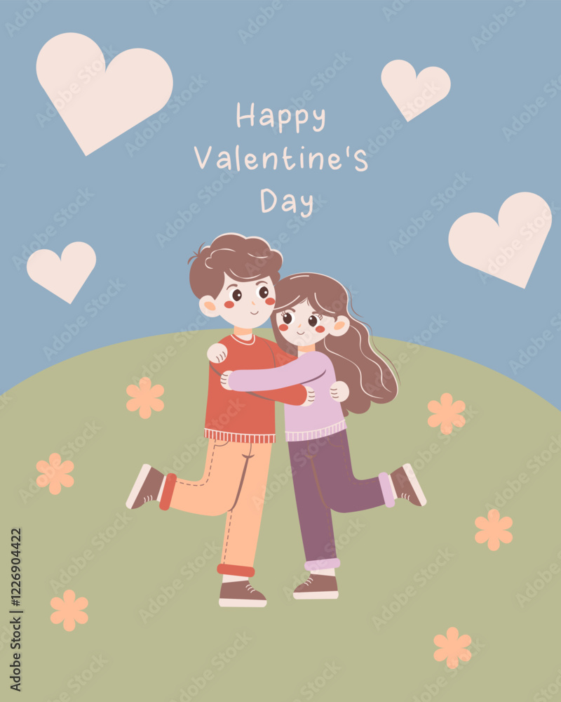 Romantic flat-style illustration of a couple hugging and smiling on a grassy hill with flowers and hearts. Perfect for Valentine's Day cards, love-themed designs, and celebrations of affection. Romantic flat-style illustration of a couple hugging and smiling on a grassy hill with flowers and hearts. Perfect for Valentine's Day cards, love-themed designs, and celebrations of affection.