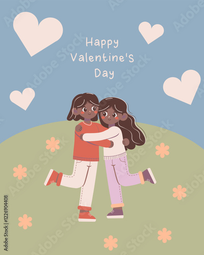 Flat-style illustration of a joyful gay couple hugging on a grassy hill with hearts and flowers, perfect for Valentine's Day, romantic celebrations, and greeting card designs.