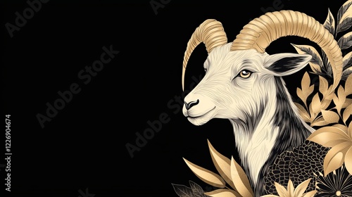Majestic goat illustration black background digital art leafy decor eye level nature theme