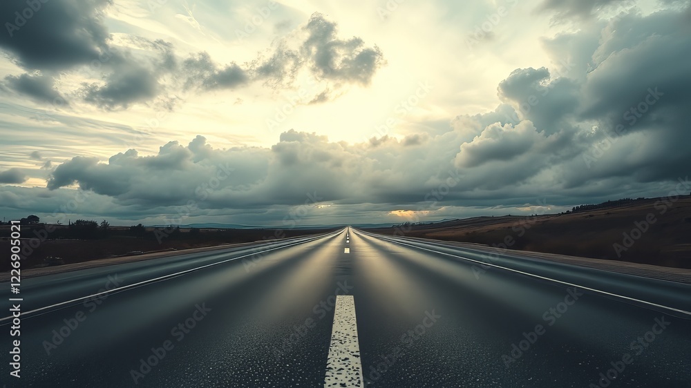 Fototapeta premium Asphalt Road Under Cloudy Sky - Dramatic Landscape