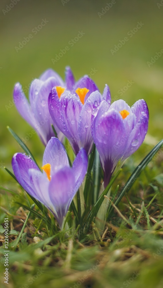 Close-up of fresh purple crocuses covered in dewdrops, emerging in early spring, symbolizing renewal and growth. Spring, Floral Season Close-up of fresh purple crocuses covered in dewdrops, emerging in early spring, symbolizing renewal and growth. Spring, Floral Season