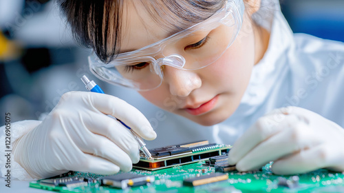 Asian woman engineer working with electric circuit board in high tech industry