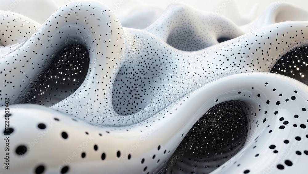 Obraz premium Abstract wave form. Close-up of undulating white surface with black dots and deep recesses, creating a sense of depth and texture.