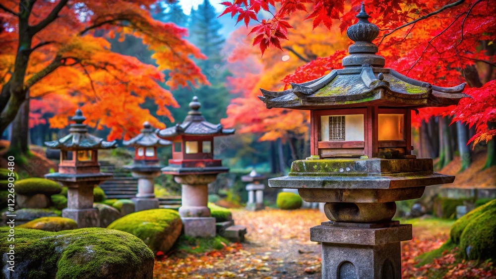 Autumn Nikko Temple Garden Stone Lanterns Autumn Nikko Temple Garden Stone Lanterns