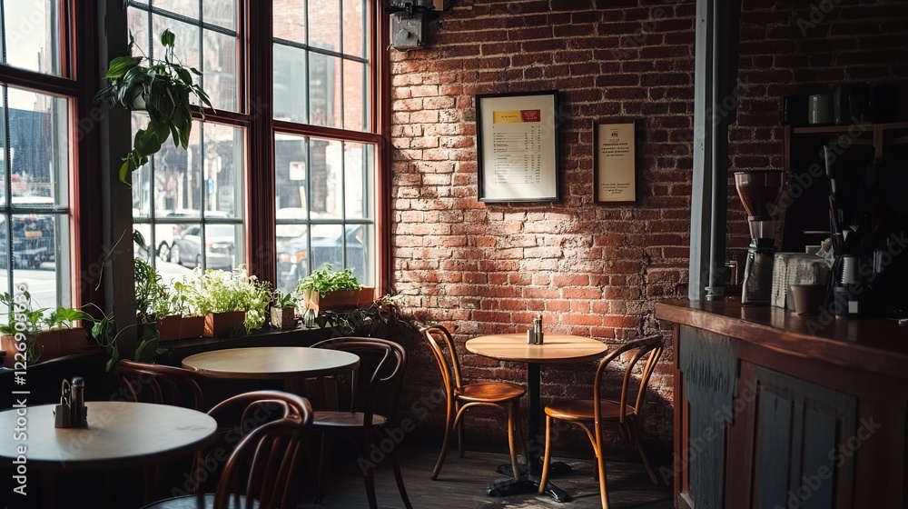 A cozy caf with exposed brick walls and small round tables. picture A cozy caf with exposed brick walls and small round tables. picture