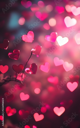 Heart-shaped bokeh Soft Valentines Day background with heart-shaped bokeh, pink and red lights, dreamy atmosphere