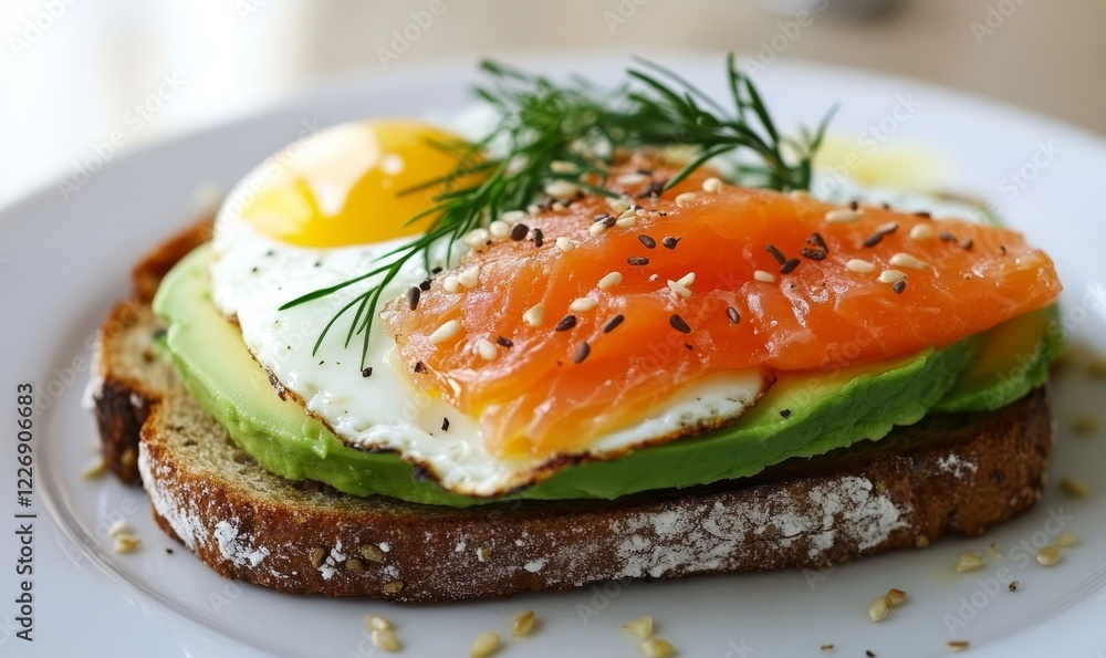 Healthy Open-Faced Sandwich with Multigrain Toast, Avocado, Smoked Salmon, Fried Egg, Herbs, and Sunflower Seeds on Plate - Nutritious Breakfast or Brunch Concept, Healthy Open-Faced Sandwich with Multigrain Toast, Avocado, Smoked Salmon, Fried Egg, Herbs, and Sunflower Seeds on Plate - Nutritious Breakfast or Brunch Concept,