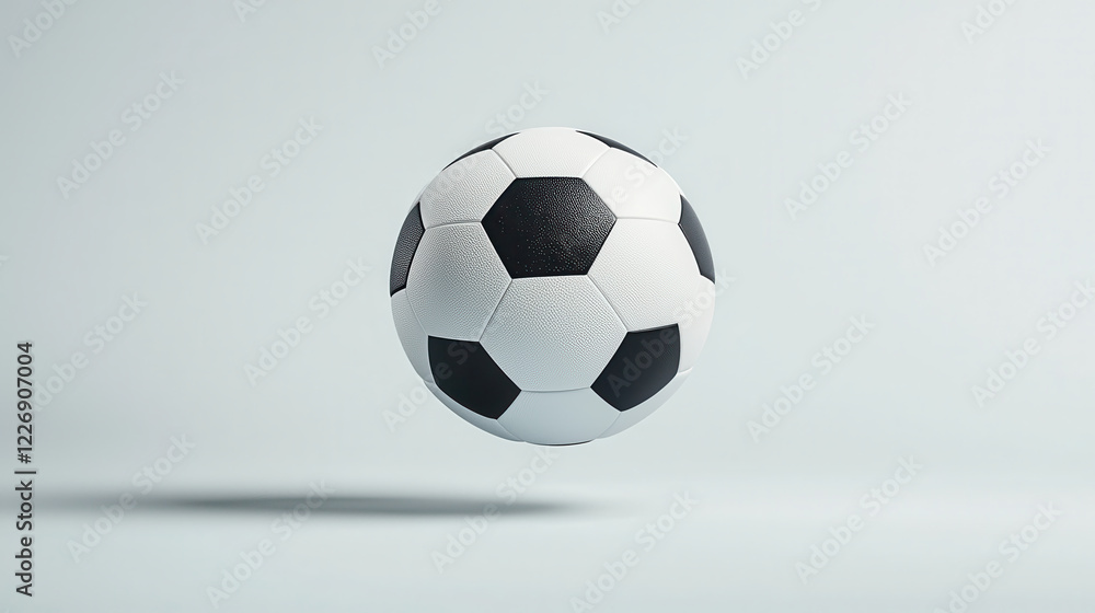 Obraz premium dynamic soccer ball in motion, showcasing its classic black and white design, floating against minimalistic background. image captures essence of sport and energy