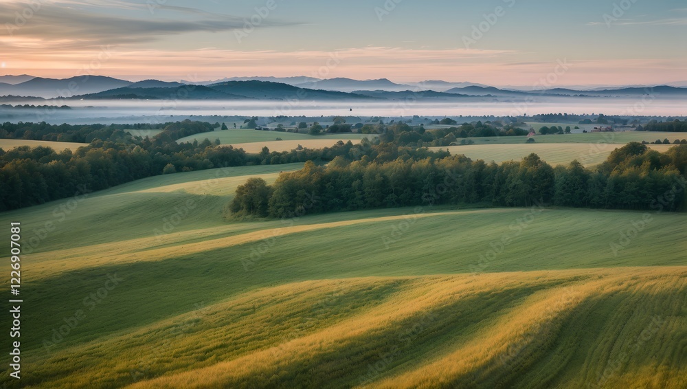 Misty sunrise over rolling hills Misty sunrise over rolling hills