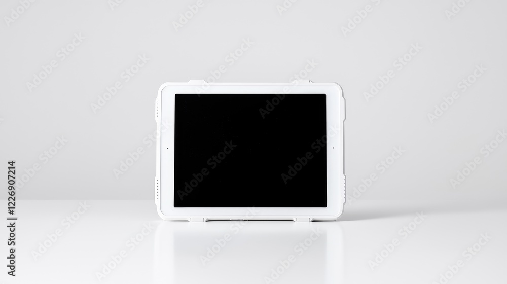 White tablet on table, blank screen, simple background; tech website White tablet on table, blank screen, simple background; tech website