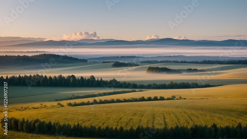 Misty sunrise over rolling hills