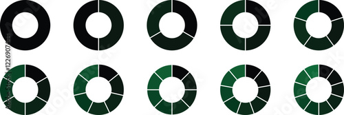 Set of infographic circle chart, pies segmented with equal parts. Infographic wheel segment. Circle section graph, Pie chart round. Pie chart divided 1, 2, 3, 4, 5, 6, 7, 8, 9, 10 equal parts