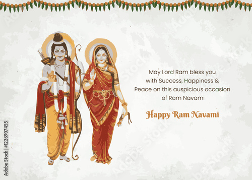 Illustration of Lord Rama and Sita with bow arrow
Happy Ram navami