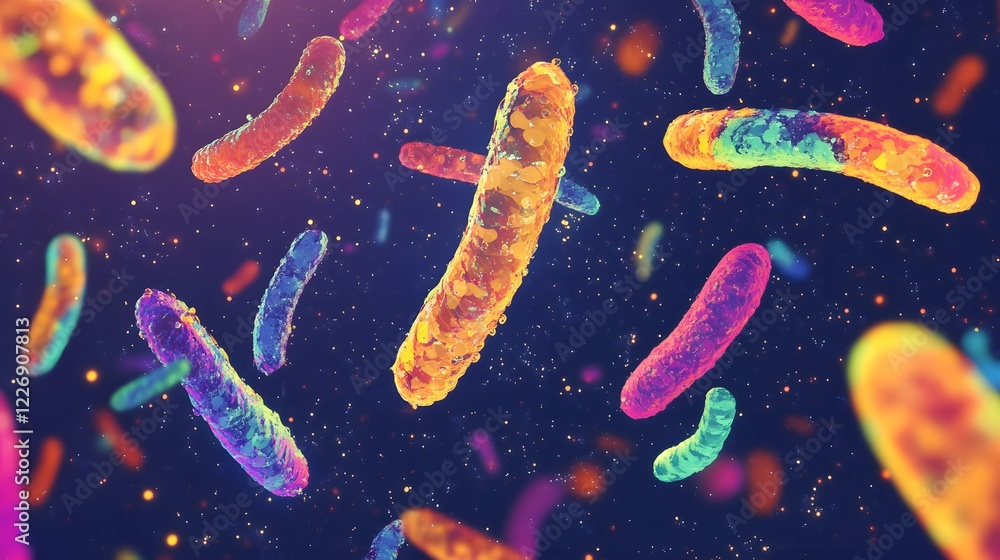 Microbial Universe: A vibrant and colorful microscopic view of various bacteria, showcasing their diverse forms and structures against a deep blue backdrop. Microbial Universe: A vibrant and colorful microscopic view of various bacteria, showcasing their diverse forms and structures against a deep blue backdrop.