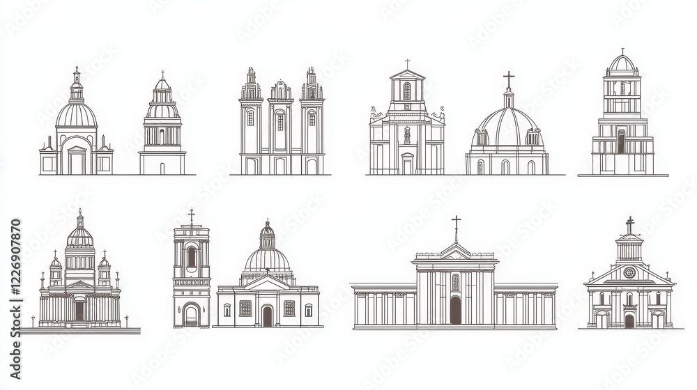 Argentina famous land mark building and architecture facade line icons. Vector set of Argentinean churches and cathedrals of Buenos Aires Franciscan monastery of Latin America travel sightseeings Argentina famous land mark building and architecture facade line icons. Vector set of Argentinean churches and cathedrals of Buenos Aires Franciscan monastery of Latin America travel sightseeings