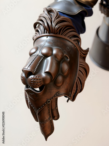 Medieval knightly brown plate gauntlet from Italian armor, in the form of a lion's face and mane, period of the 16th century, on a light background. photo