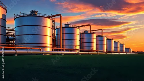 Industrial Oil Storage Tanks with Metal Pipelines at a Refinery Facility Under a Vibrant Sunset Sky

 photo