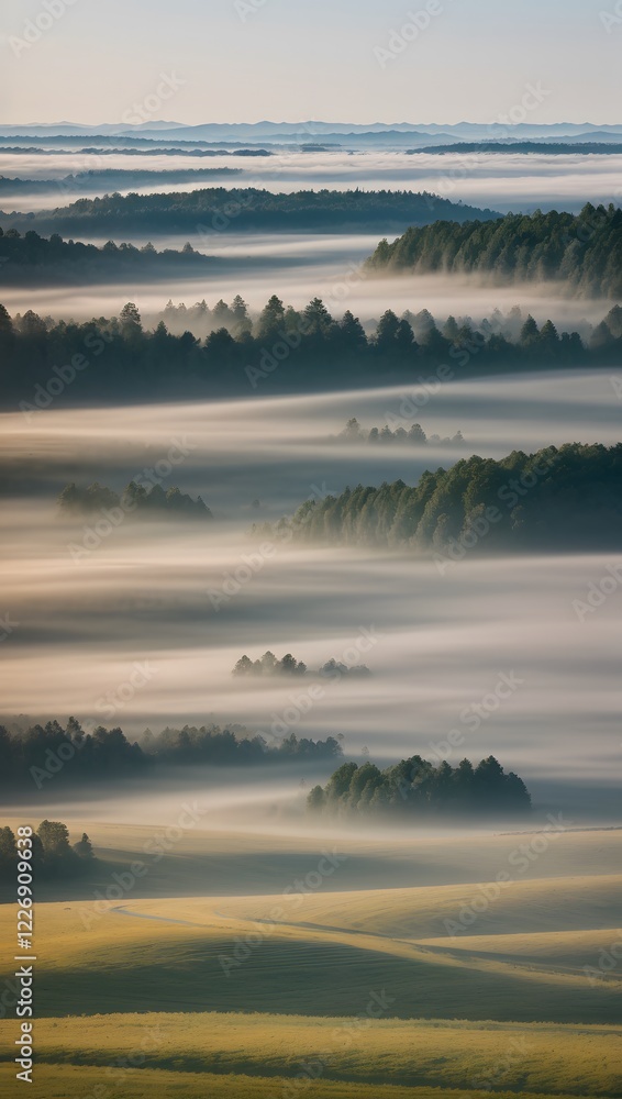 Fototapeta premium Misty sunrise over rolling hills
