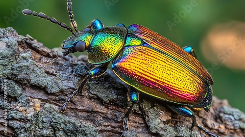 Shimmering jewel beetle resting textured tree bark its iridescent body catching the sunlight in a dazzling display of natures artistry photo