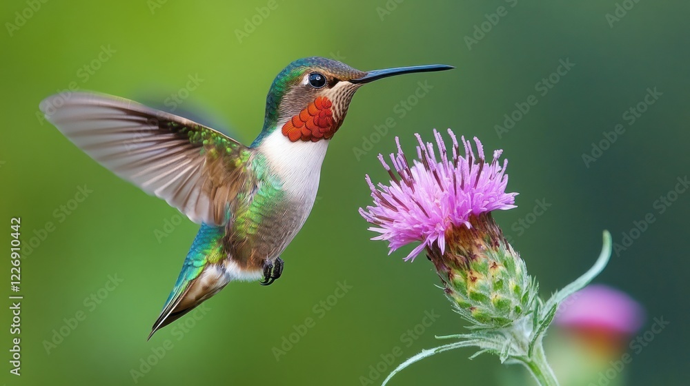 Fototapeta premium Hummingbird and Thistle: A Moment of Serene Beauty