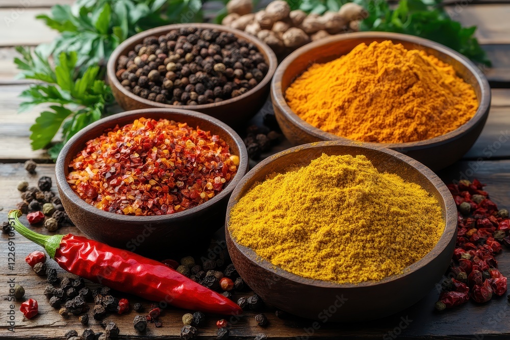 Rustic wooden table, colorful spices, herbs, close-up Rustic wooden table, colorful spices, herbs, close-up