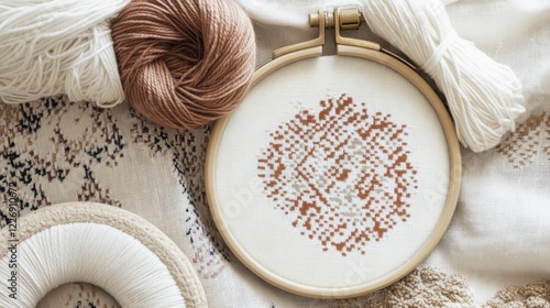 Scene of a cross-stitch setup. Featuring fabric, threads, and a partially completed design. Highlighting the art of cross-stitching. Ideal for DIY and craft blogs. photo