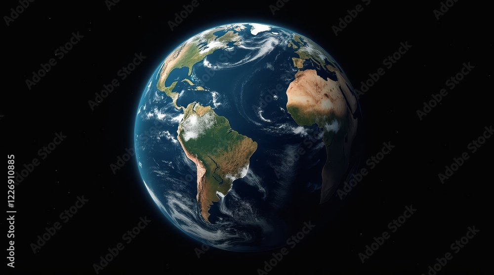 Obraz premium Planet Earth viewed from space highlighting the Americas, Africa, and Europe with visible clouds and oceans on a starry background