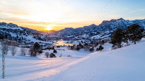 Sunset over snowy mountain valley, ski slope, winter landscape