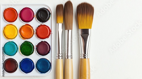 A set of paintbrushes and a palette with colorful paint, isolated on a white background Artistic, creative, and inspiring photo