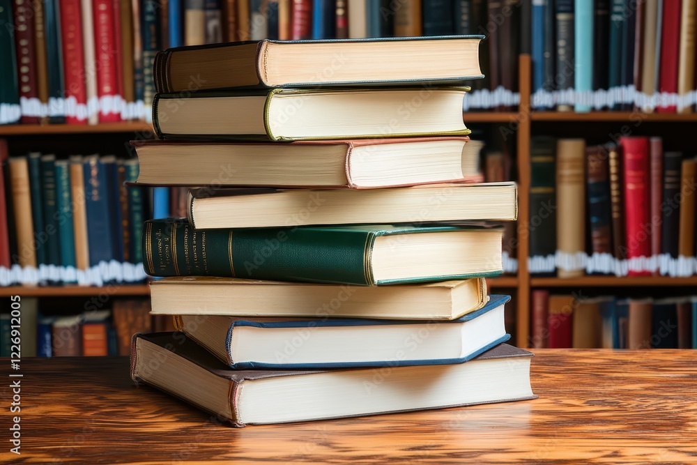 Stacked books library table education research study Stacked books library table education research study