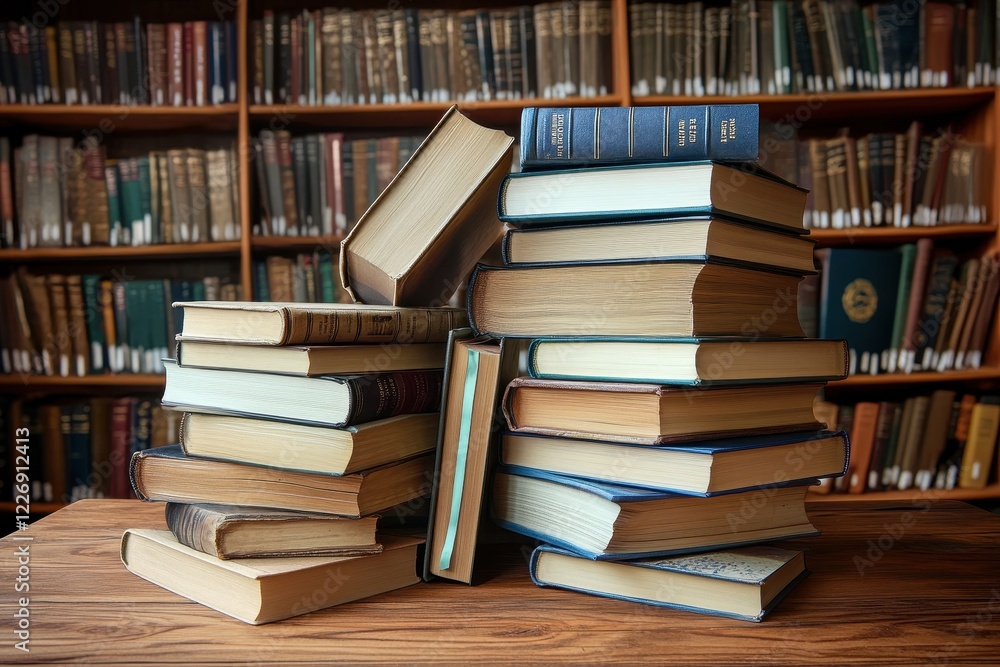 Library Table Books Stacked Study Education Research Library Table Books Stacked Study Education Research