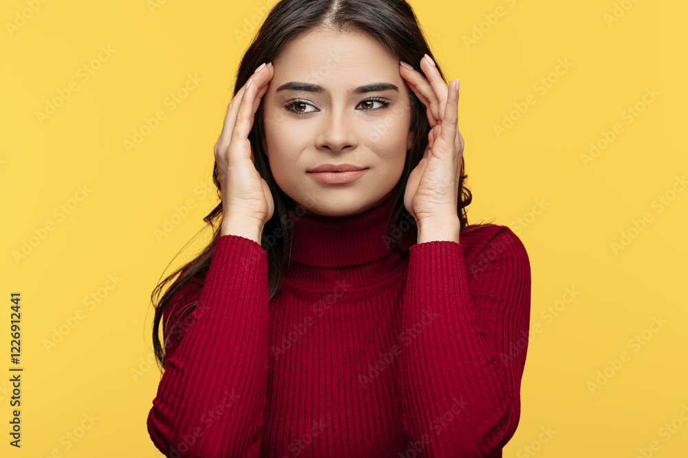 Young woman got sick and headache on yellow background. Young woman got sick and headache on yellow background.