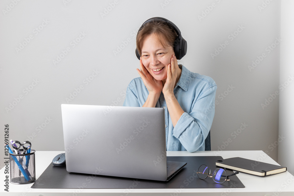 Success, victory or meeting deadline concept. Smiling excited caucasian woman freelancer with headphones behind a laptop is holding her hands up in the air. Success concept Success, victory or meeting deadline concept. Smiling excited caucasian woman freelancer with headphones behind a laptop is holding her hands up in the air. Success concept
