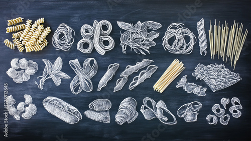 Pasta chalk sketch on blackboard. Vector italian macaroni and penne, fettuccine and ravioli, spaghetti, lasagne or lasagna, pappardelle, bucatini, stelle, funghetto and farfalle icons on chalkboard photo