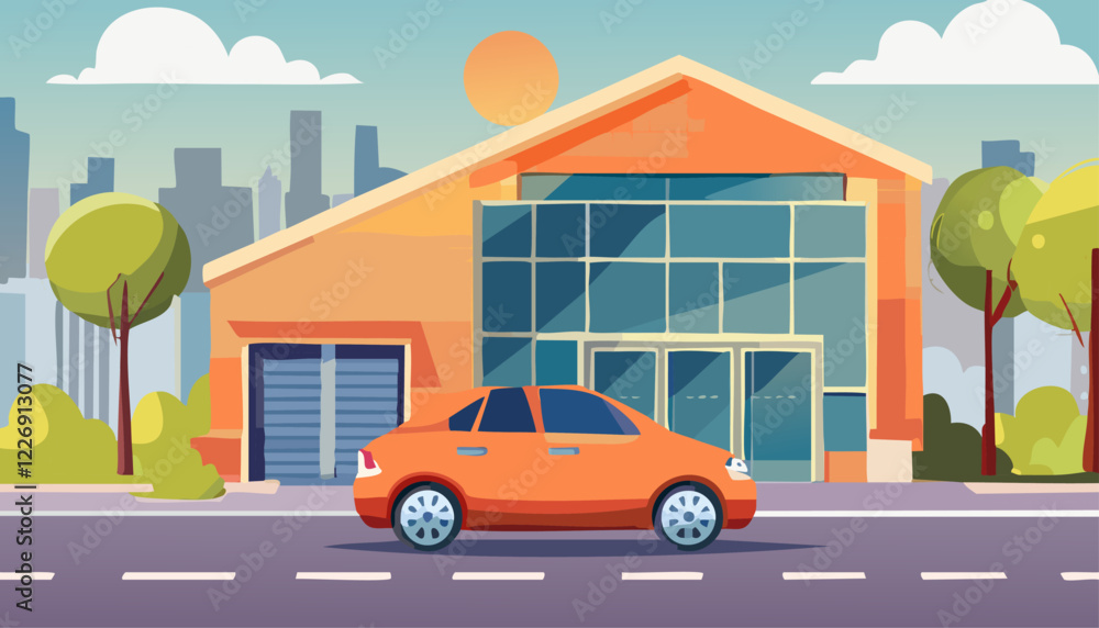 In a vibrant and colorful pixel art style, a car is parked right in front of a garage In a vibrant and colorful pixel art style, a car is parked right in front of a garage