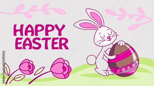 Happy Easter greeting card with cute bunny and basket of easter eggs