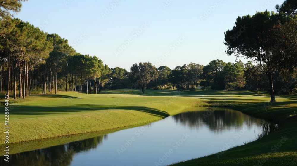 Serene Golf Course Landscape: Picturesque Water Feature and Lush Greenery Serene Golf Course Landscape: Picturesque Water Feature and Lush Greenery