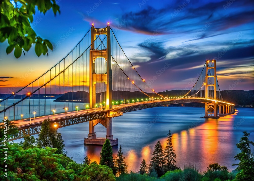 Obraz premium Mackinac Bridge lights illuminate Upper Michigan's scenic park.