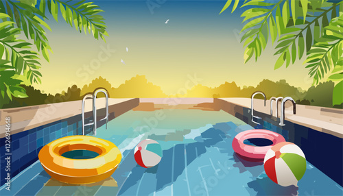 A beautiful pool with a colorful beach ball, life preserver, and stylish sunglasses nearby